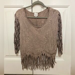 Daytrip taupe fringe boho lace sleeve top S